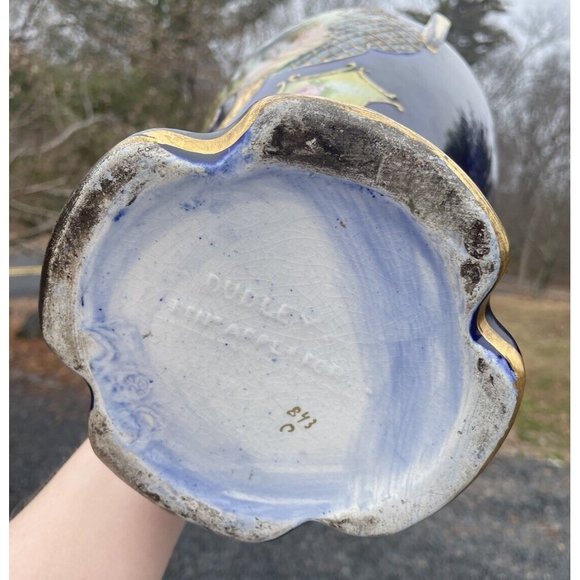 18 3/8" LARGE Antique Ceramic Vase 'Dudley' Transfer Print Cobalt Blue Gilt - Picture 3 of 16